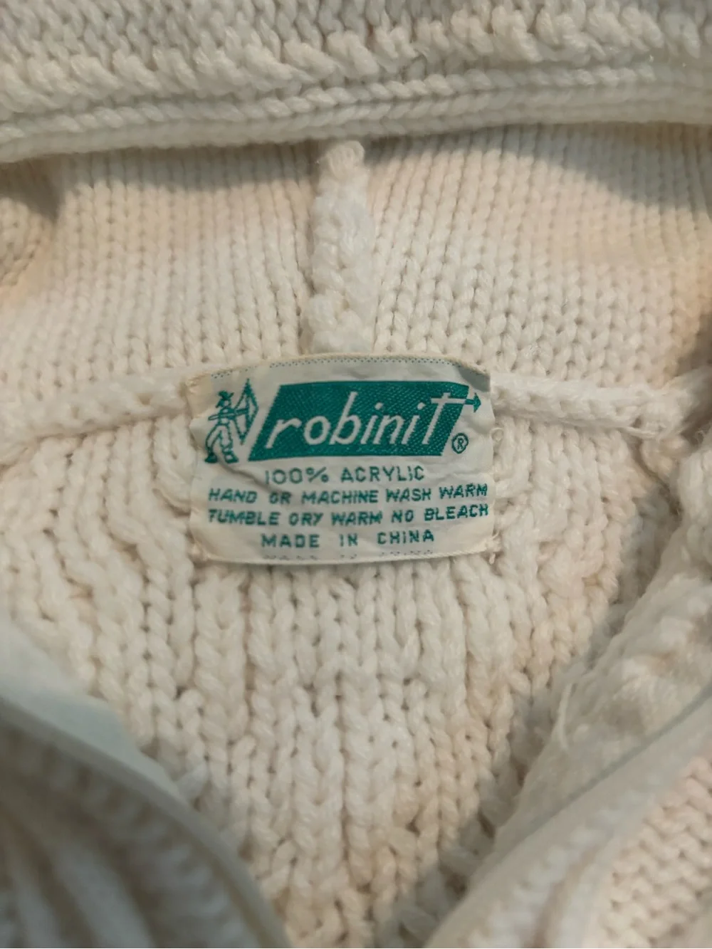 Vintage Cream Cable Knit Hooded Baby Bunting zip up one piece coat